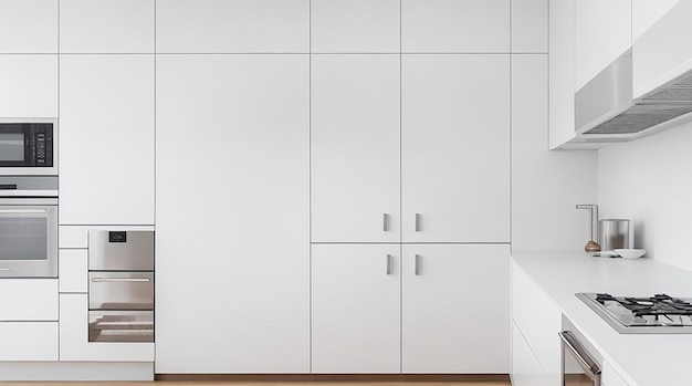 Una cocina minimalista moderna con electrodomésticos elegantes de acero inoxidable y una encimera blanca brillante