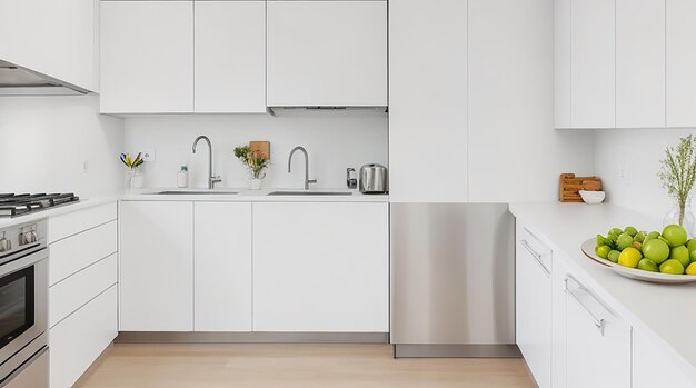 Una cocina minimalista moderna con electrodomésticos elegantes de acero inoxidable y una encimera blanca brillante