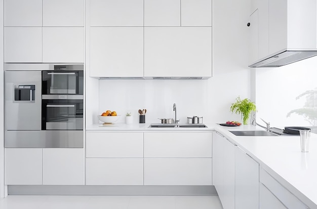 Una cocina minimalista moderna con electrodomésticos elegantes de acero inoxidable y una encimera blanca brillante