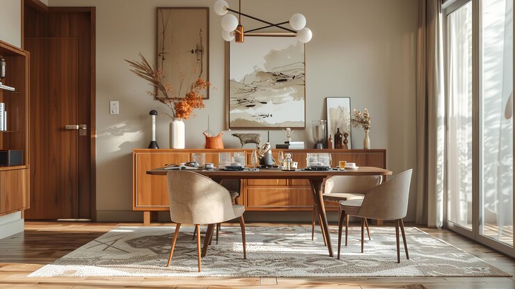 Cocina moderna con área de comedor accesorios de cocina paredes de madera creativas y planta minimalista el