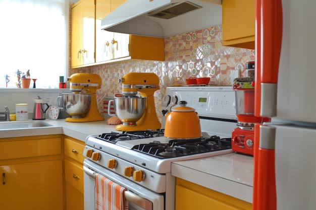 Cocina moderna con armarios amarillos y elementos de diseño retro