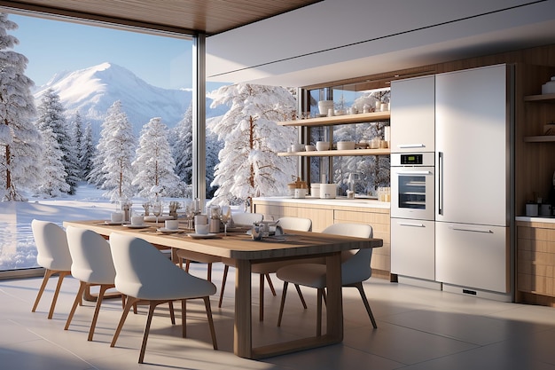 cocina moderna blanca en una casa con una hermosa vista a la montaña