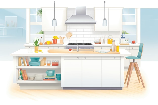 Una cocina moderna blanca con una ilustración al estilo de una revista de mostrador de la isla