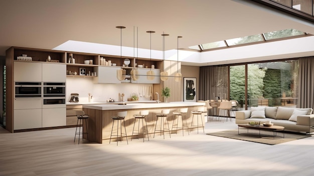 Cocina moderna blanca y marrón con isla de madera renderización 3D