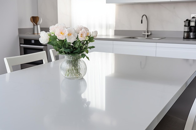 Foto cocina moderna blanca con una mesa vacía y un jarrón de flores blancas