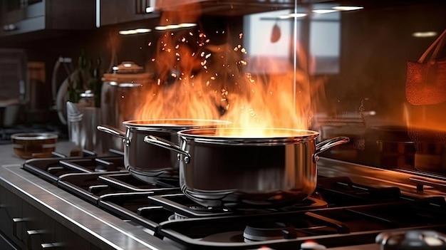 Cocina moderna Los cocineros preparan las comidas en la estufa en la cocina del restaurante IA generativa