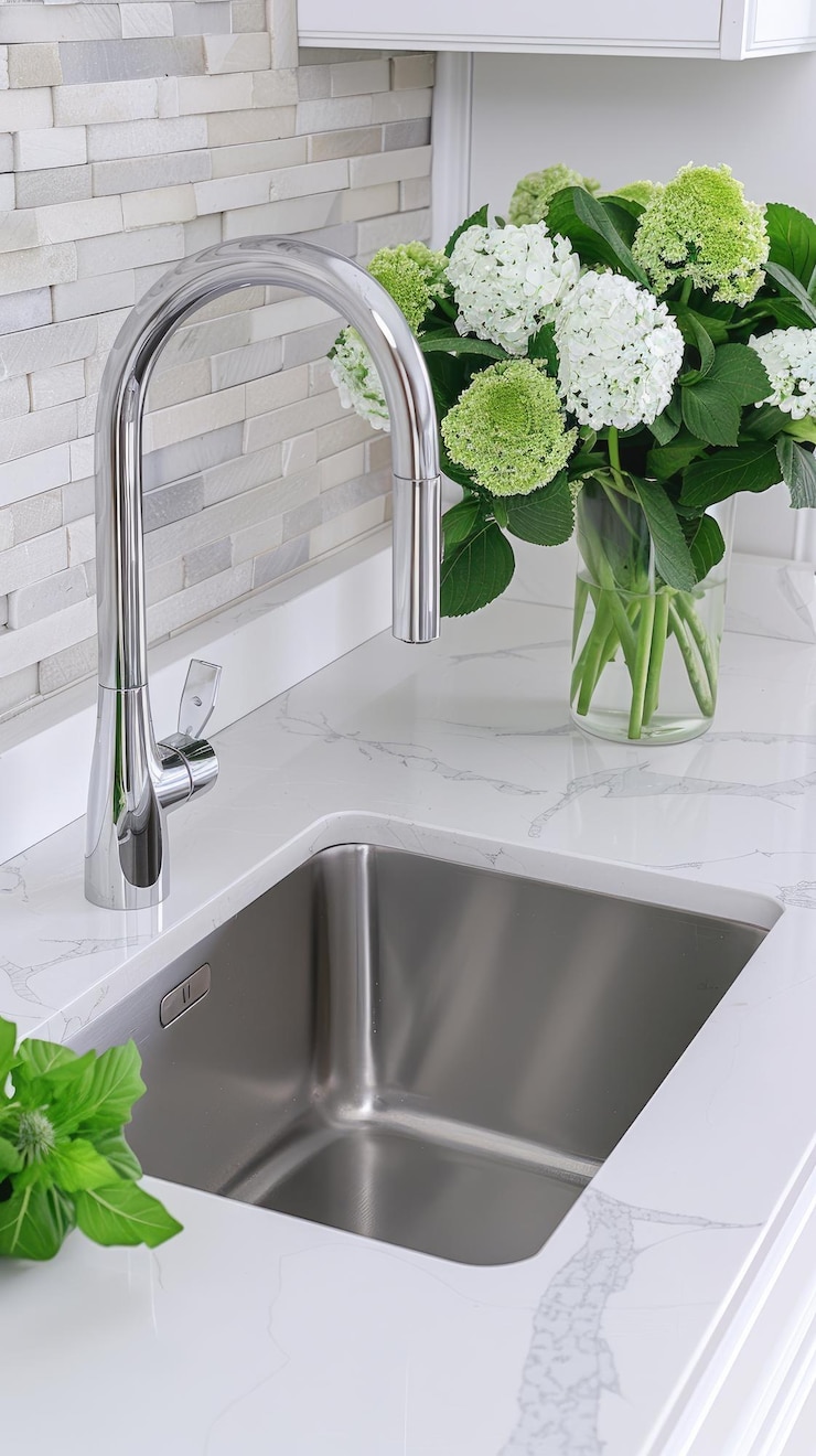 Foto una cocina moderna cuenta con un armario de fregadero blanco con encimeras de madera de estilo con decoración simple y plantas que crean un espacio de cocina limpio y acogedor