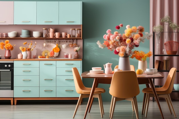 Cocina moderna decorada para fotografía publicitaria profesional con tema de colores pastel de otoño.