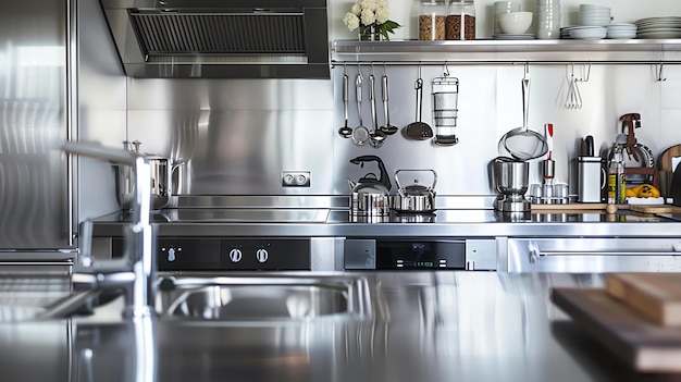 Foto una cocina moderna con electrodomésticos de acero inoxidable y una gran isla la cocina está bien iluminada y tiene un diseño minimalista