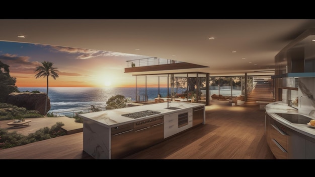 Foto la cocina moderna de espacio abierto en una casa de playa de loft mínimo en piso de madera con vista al mar ai generativo aig27