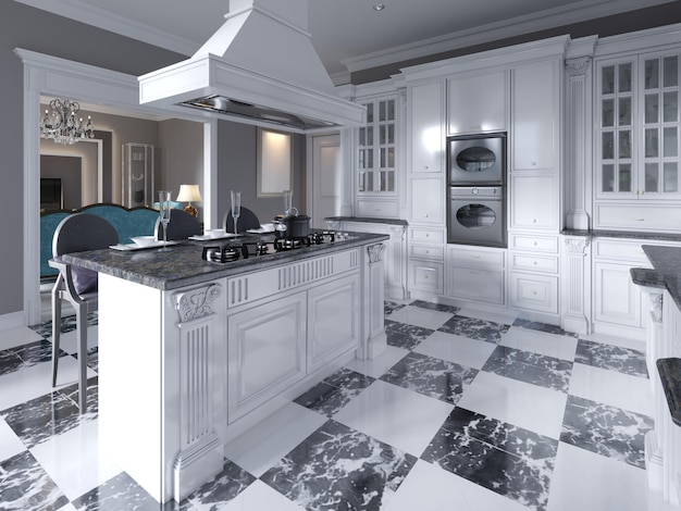 Cocina moderna de estilo art deco con muebles modernos en blanco y negro y piso de mármol de ajedrez