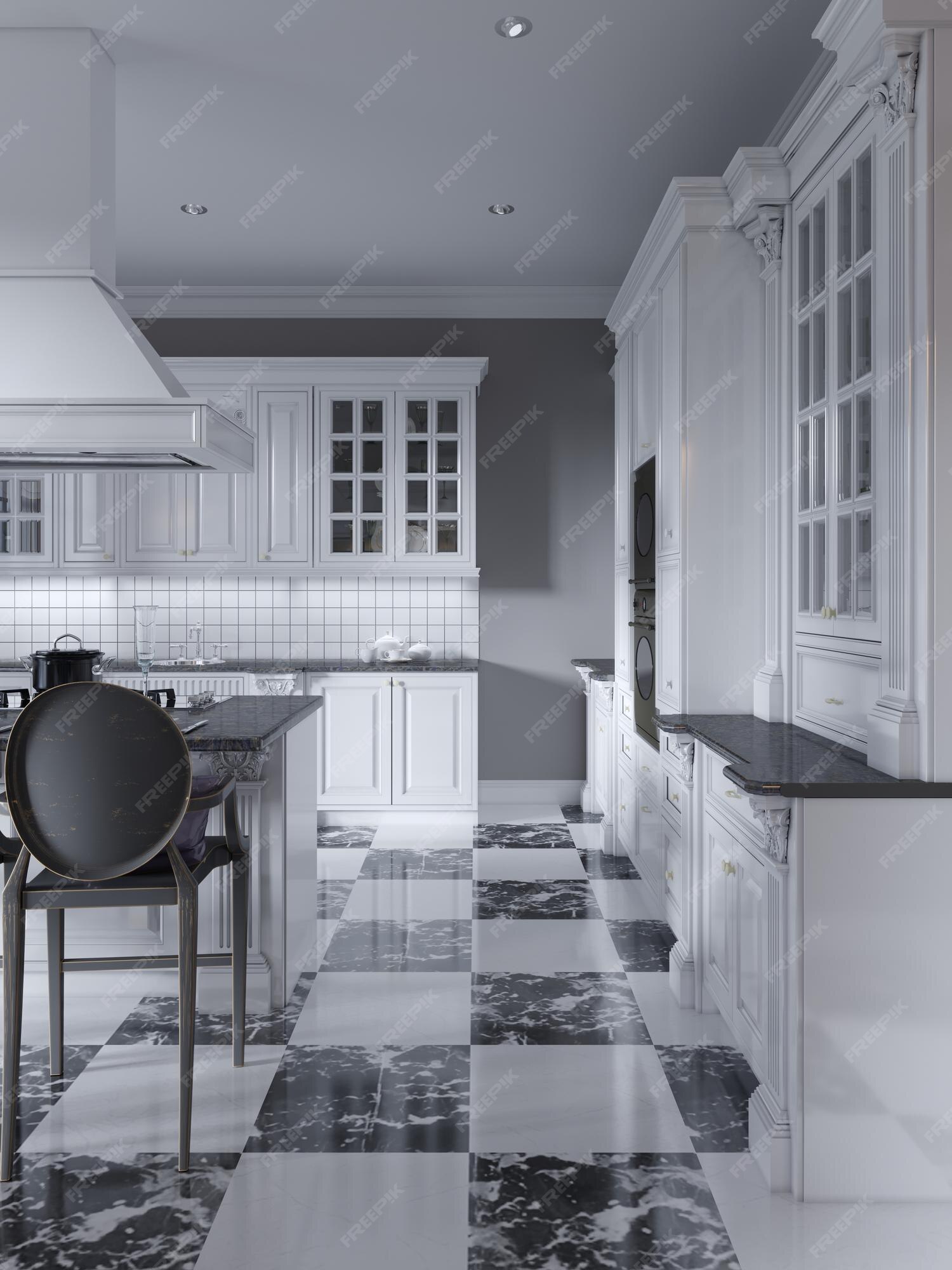 Generalmente Fielmente Regreso Cocina moderna de estilo art deco con muebles modernos en blanco y negro y  piso de mármol de ajedrez | Foto Premium