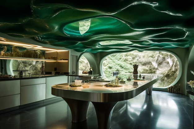 Foto cocina moderna y futurista con plantas verdes ilustración generativa ai