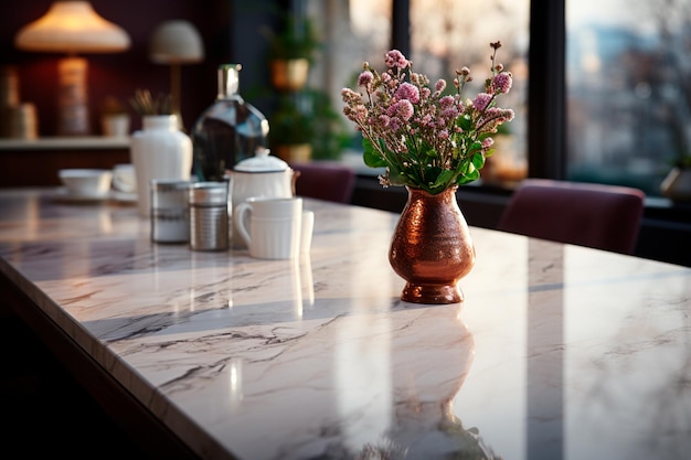 cocina moderna con una hermosa decoración en una mesa de madera para el diseño interior de texto