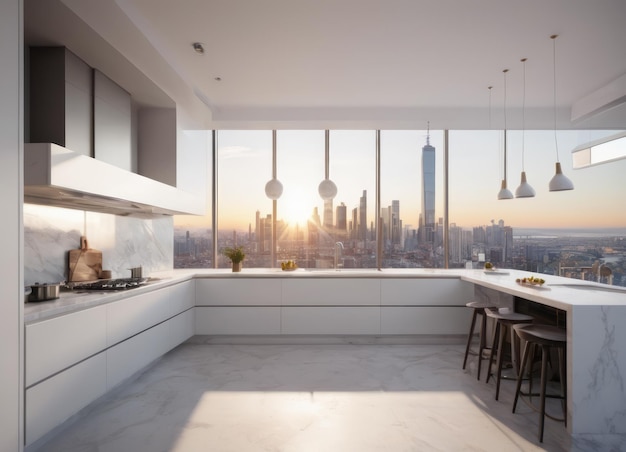 Cocina moderna con una impresionante vista del paisaje urbano