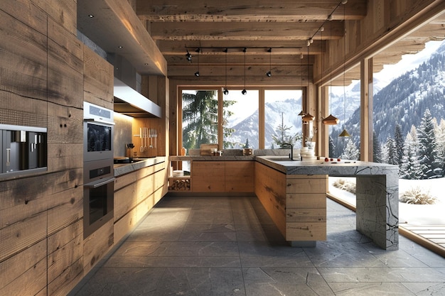 Cocina moderna inspirada en la cabaña con madera y piedra