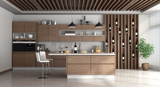 Cocina moderna de madera con isla y sillas.