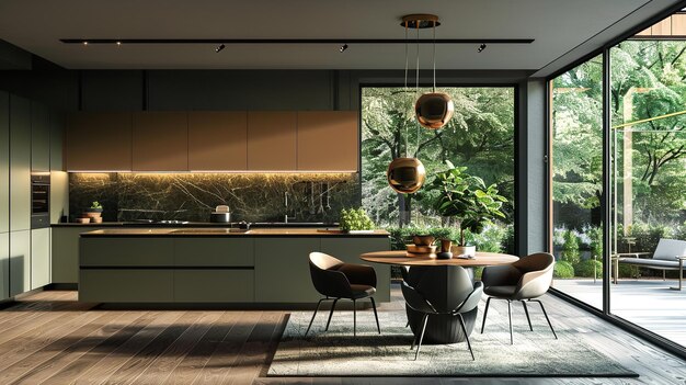 cocina moderna y mesa de comedor con color negro y vista a la naturaleza desde la ventana con comedor incluido IA generativa