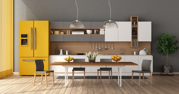 Cocina moderna con mesa de comedor.