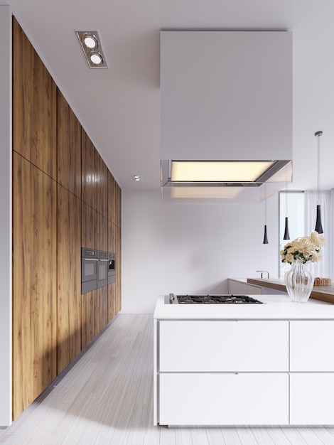 Cocina moderna minimalista en color blanco con elementos de paneles de madera noble y encimeras. Electrodomésticos empotrados, lámparas colgantes y campana rectangular autoportante. Representación 3d