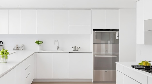 Una cocina moderna y minimalista con elegantes electrodomésticos de acero inoxidable y una encimera blanca brillante.