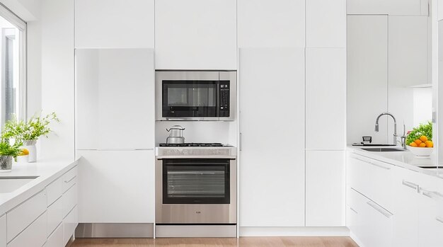 Una cocina moderna y minimalista con elegantes electrodomésticos de acero inoxidable y una encimera blanca brillante.