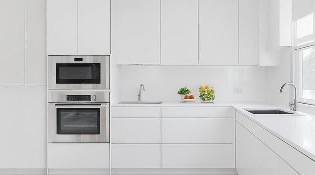 Una cocina moderna y minimalista con elegantes electrodomésticos de acero inoxidable y una encimera blanca brillante.