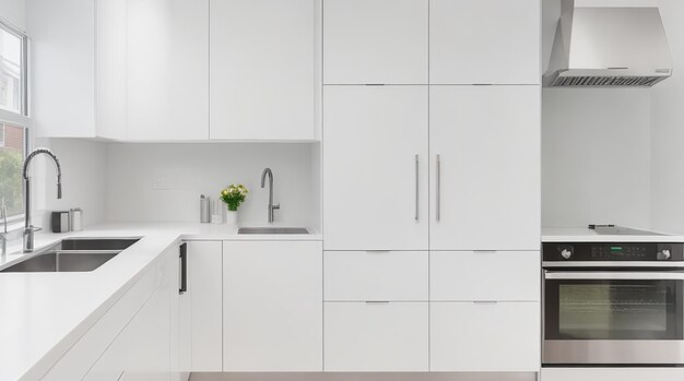 Una cocina moderna y minimalista con elegantes electrodomésticos de acero inoxidable y una encimera blanca brillante.