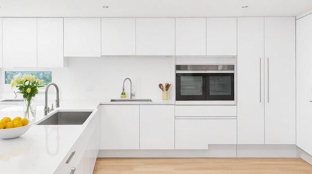 Una cocina moderna y minimalista con elegantes electrodomésticos de acero inoxidable y una encimera blanca brillante.