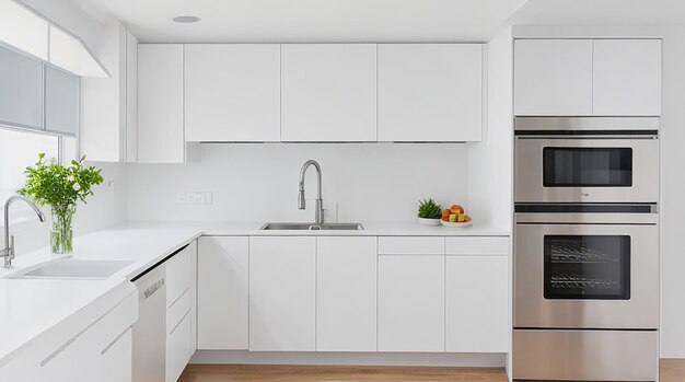 Una cocina moderna y minimalista con elegantes electrodomésticos de acero inoxidable y una encimera blanca brillante.