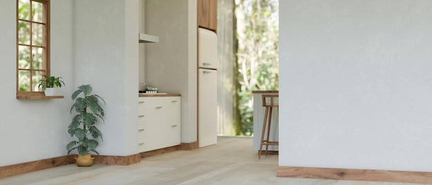 Una cocina moderna y minimalista con un mostrador con estufa, plantas de interior y una maqueta de pared blanca vacía