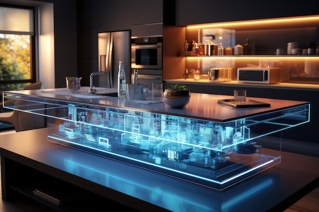Cocina moderna con mostrador blanco y negro y puertas de vidrio dentro de una cocina inteligente con red
