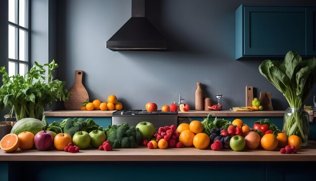 Foto cocina moderna con muchas frutas y verduras