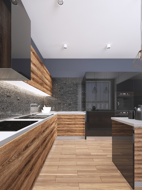 Cocina moderna con muebles negros y piso de madera. Representación 3d