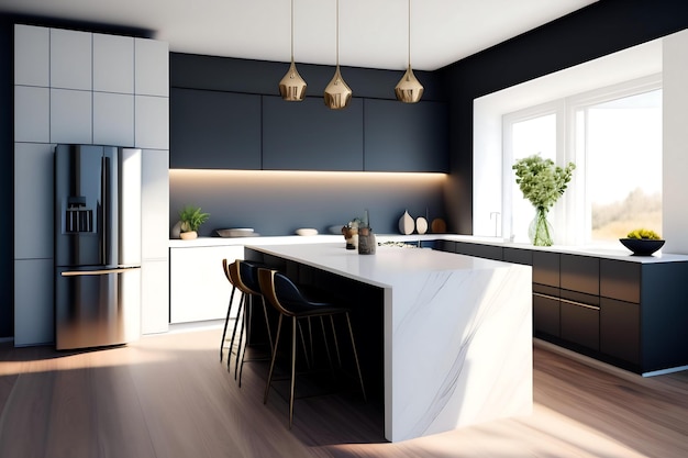 Cocina moderna con nevera con vitrina.