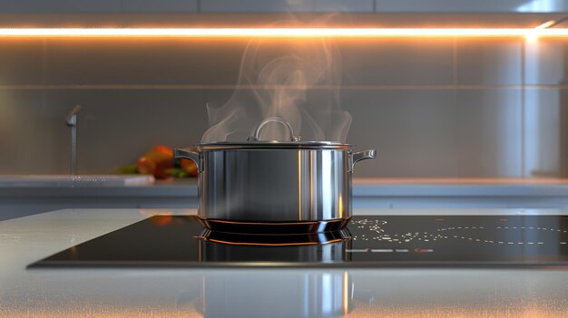 Cocina moderna con olla de vapor en la estufa de inducción