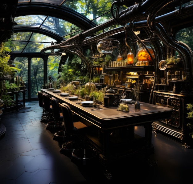 Una cocina moderna que tiene una mesa negra mesa de comedor y sillas en una habitación parecida a un invernadero con plantas y calabazas en la mesa