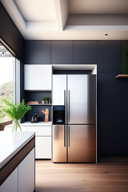 Cocina moderna con refrigerador y suministros de cocina