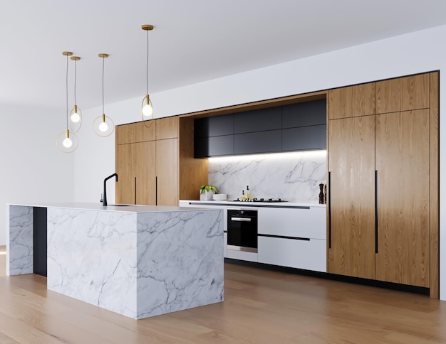 Cocina moderna de renderizado 3d con gabinete de madera e interior de diseño de mesa de mármol