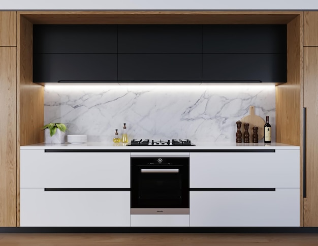 Cocina moderna de renderizado 3d con gabinete de madera e interior de diseño de mesa de mármol