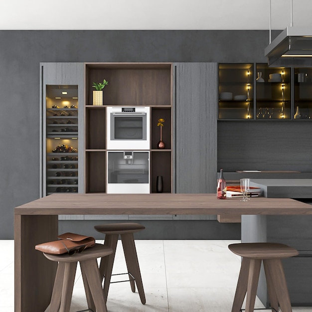 Cocina moderna de renderizado 3d con interior de decoración de gabinete de madera