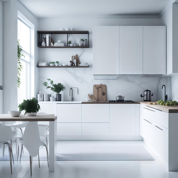 Una cocina con un mostrador blanco y un gabinete blanco con un estante de madera que dice "verde".