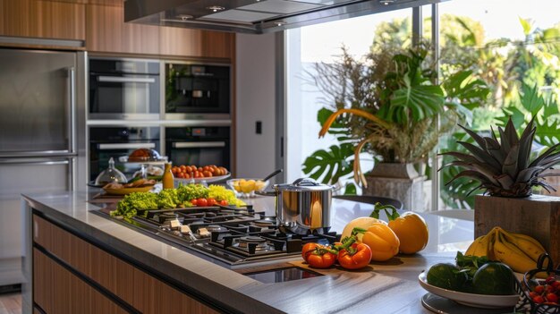 Una cocina con un mostrador lleno de comida y una planta en maceta