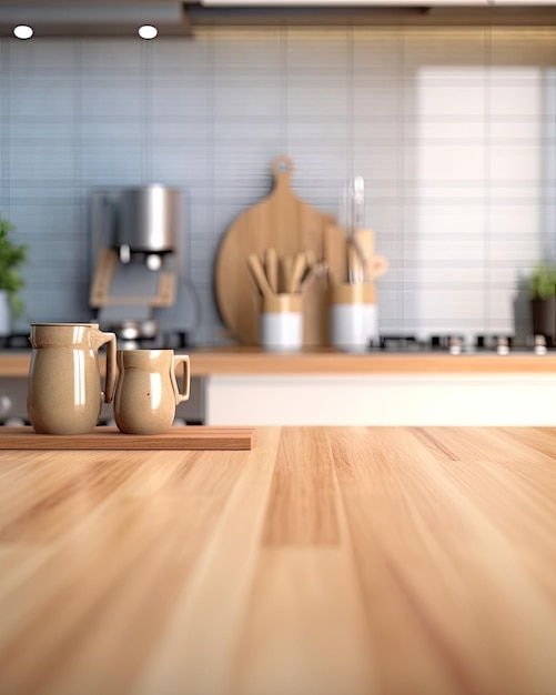 Una cocina con un mostrador de madera y una cafetera encima.