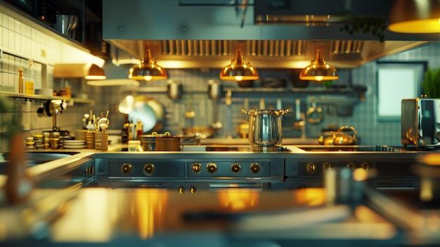 una cocina con muchas luces y un gran objeto metálico en el medio