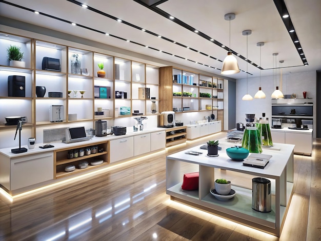 una cocina con muchos estantes y muchas luces