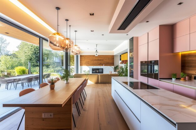 Cocina con muebles minimalistas en colores pastel