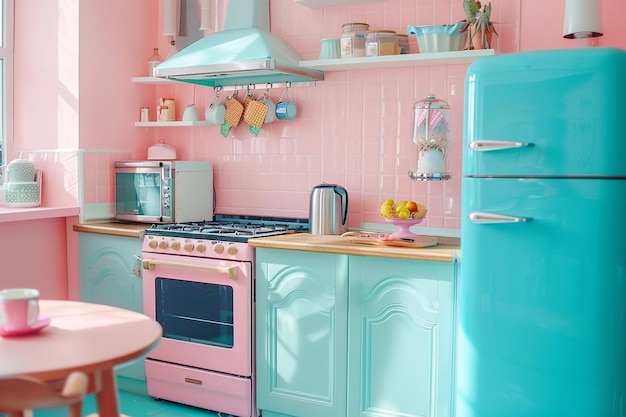 Cocina de muñecas retro en colores pastel lindos elegante y vintage