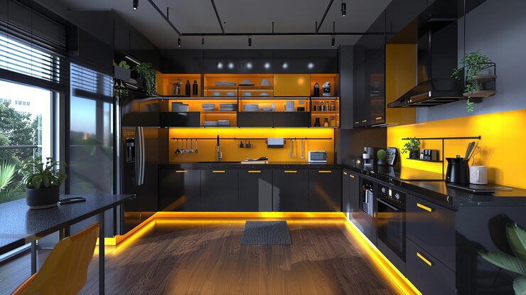 Cocina negra y amarilla en estilo vanguardista con una luz de techo blanca en el estilo de plata clara