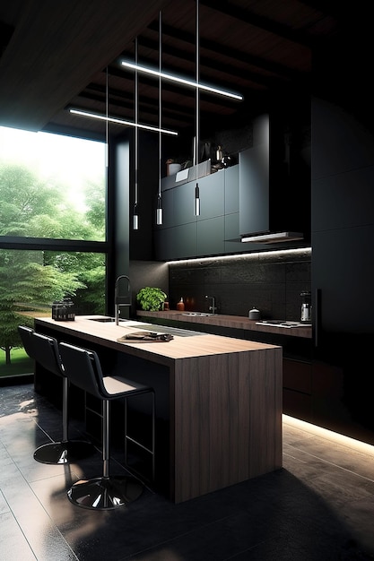 Una cocina negra con una gran ventana que tiene vistas al jardín.